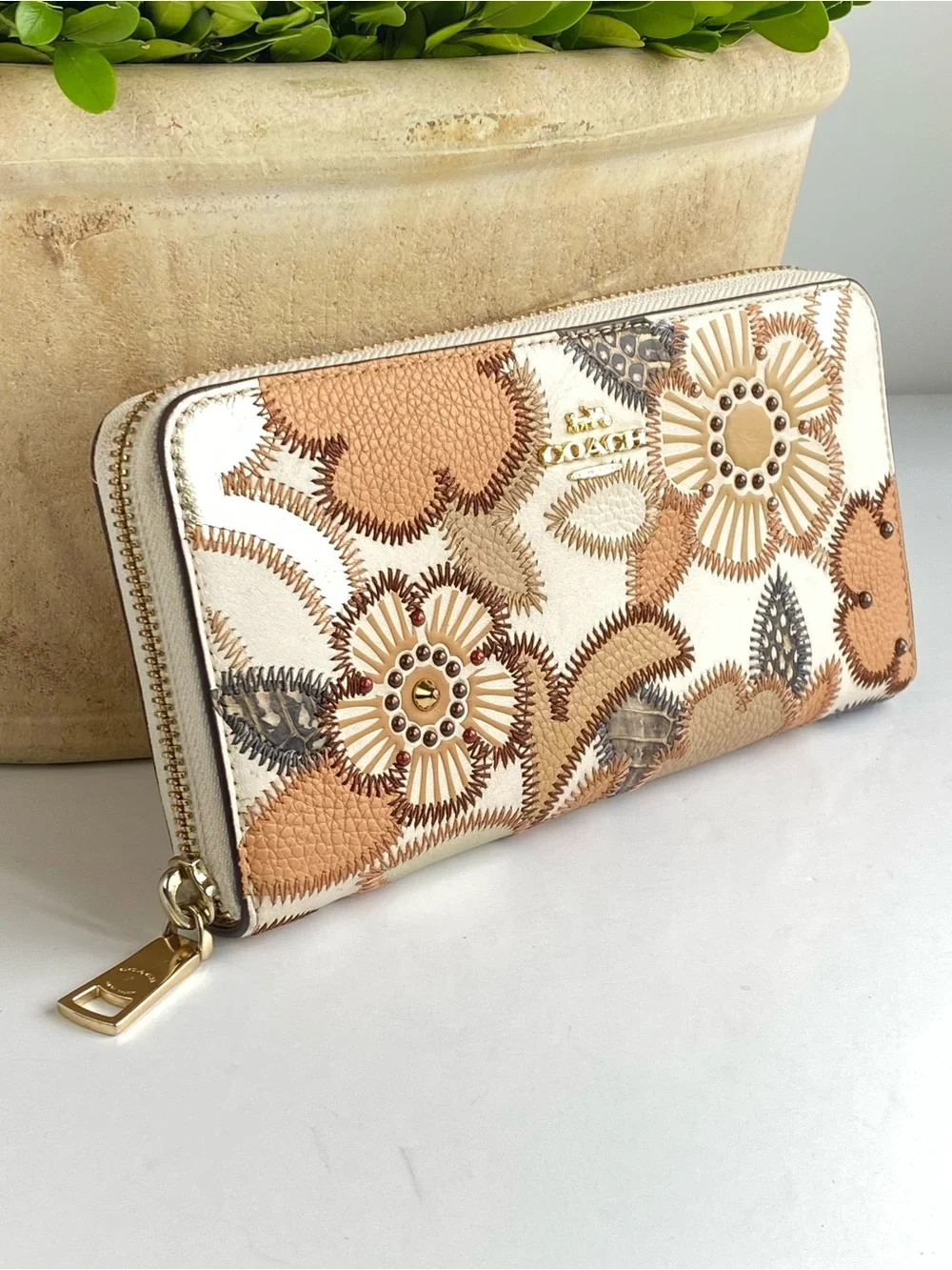 Coach Studded Floral Swagger Floral  Zip Wallet in Cream and Tan